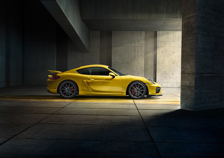 yellow Porsche 911 coupe, cayman, gt4, 2015, car, sports Car