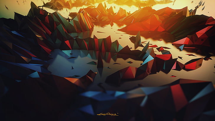 red and blue stones illustration, low poly, digital art, abstract, HD wallpaper