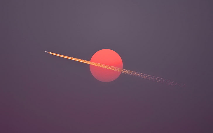 round red plant, airplane, aircraft, Sun, sunset, sky, minimalism