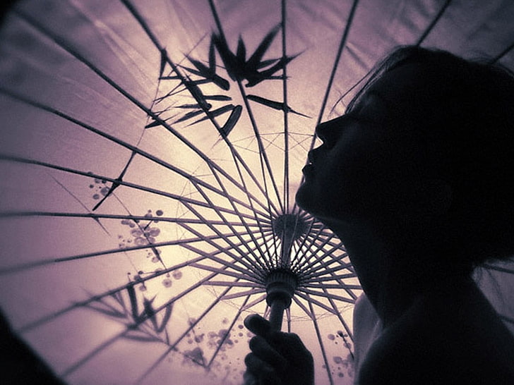 brown foliage umbrella, Japan, Asian, silhouette, real people, HD wallpaper