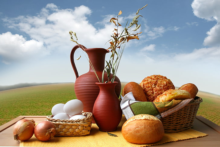 several breads, milk, eggs, dinner, food, basket, breakfast, freshness, HD wallpaper