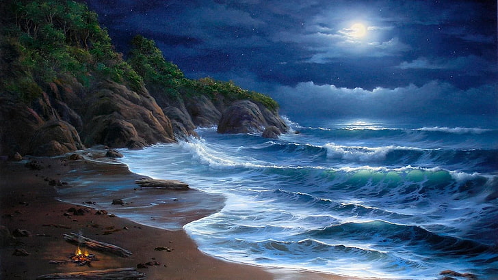wave, shore, beach, night, moonlight, sea, fantasy art, rock, HD wallpaper