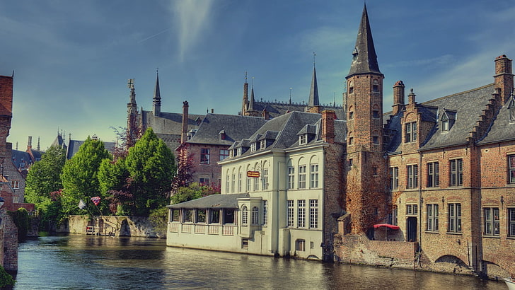 painting of houses beside lake, architecture, building, Bruges
