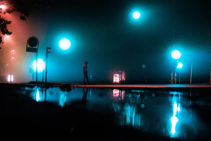 white lamp posts, traffic signs, night, reflection, illuminated