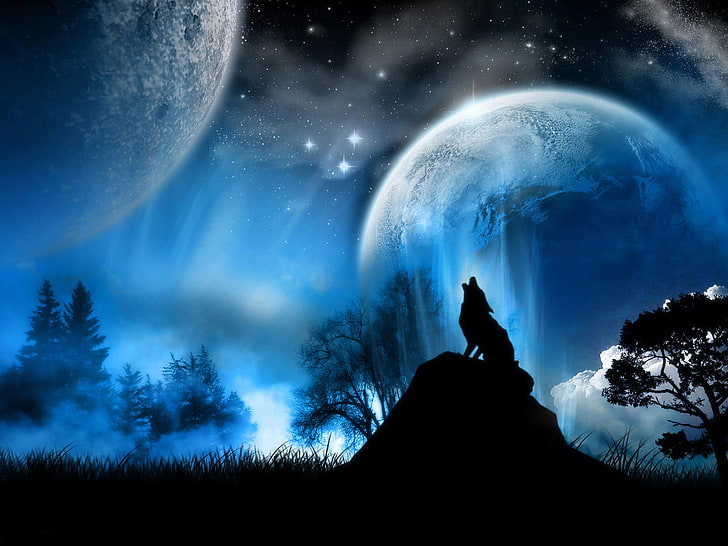 animals, blue, howling, illustrations, moon, wolf, wolves