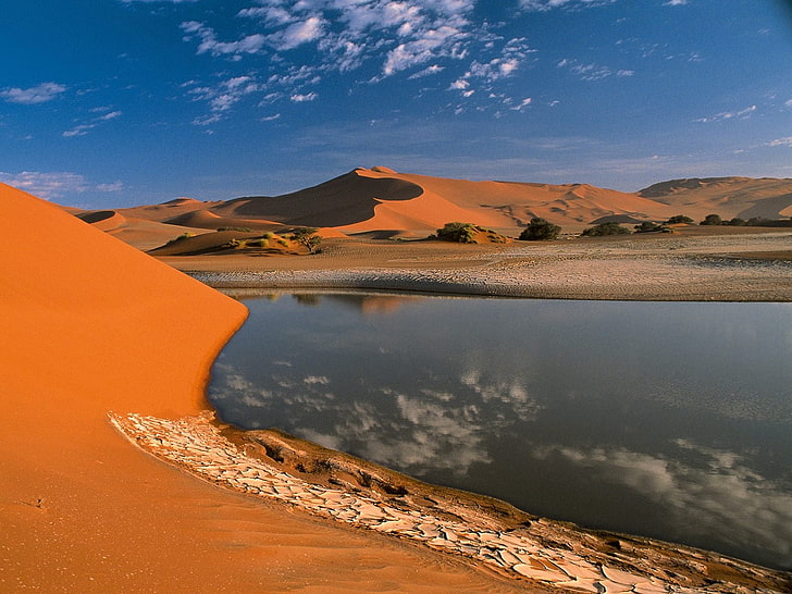 body of water, desert, sand, sky, reflexion, sand Dune, nature, HD wallpaper
