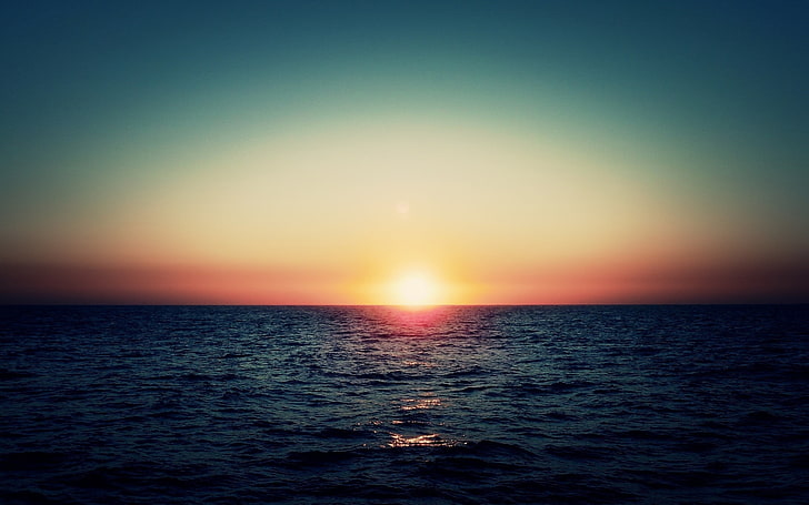 calm body of water, sunset, sea, sunlight, sky, nature, summer, HD wallpaper