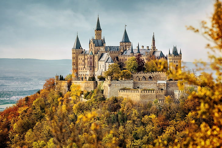 architecture building castle clouds tower trees nature germany fall leaves forest landscape hill walls burg hohenzollern, HD wallpaper