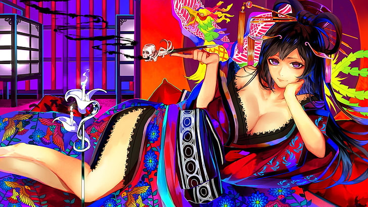 kimono, anime girls, colorful, original characters, multi colored, HD wallpaper