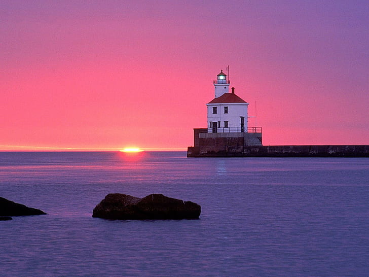 coast, lighthouse, sunset, purple sky, sea