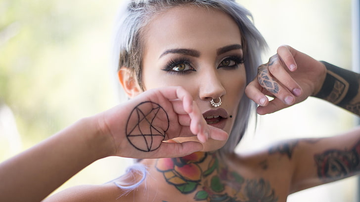 Fishball Suicide, violet hair, tattoo, piercing, Suicide Girls, HD wallpaper
