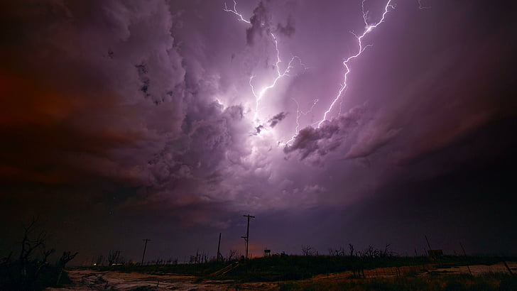 lightning strikes, clouds, night, bad weather, HD wallpaper