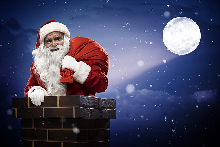 Santa Claus costume, snow, house, tree, new year, gifts, fireplace, HD wallpaper