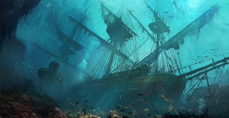 artwork shipwreck underwater, sea, nautical vessel, nature, HD wallpaper