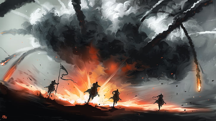 four warrior riding horse illustration, fantasy art, dark fantasy
