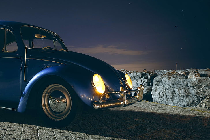 car, classic, headlights, night, vehicle, vintage, volkswagen, HD wallpaper