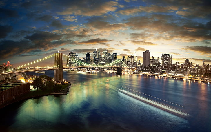 Brooklyn Bridge, city, cityscape, New York City, long exposure