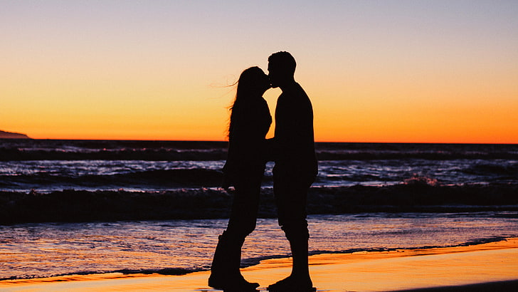 Kiss, Lovers, Beach, Couple, Silhouette, Sunset, 5K, sky, sea