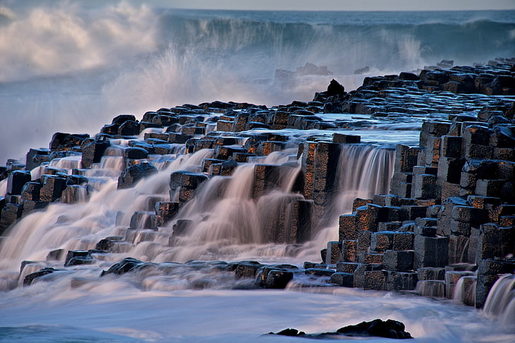black and white multi-step waterfalls, nature, landscape, Giant's Causeway, HD wallpaper