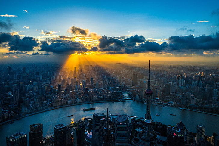 crepuscular rays, China, Shanghai, sunlight, cityscape, architecture, HD wallpaper
