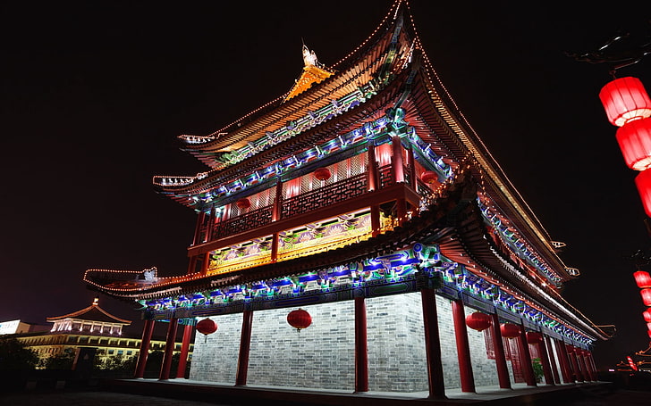 brown temple, beijing, china, chinese architecture, lights, night, HD wallpaper