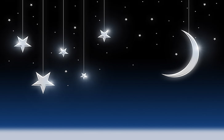 Sky With Moon And Stars, white stars and crescent moon illustration