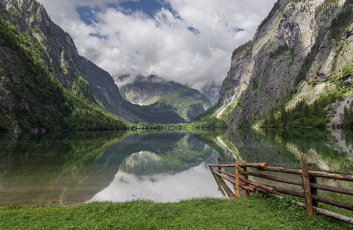grass, clouds, landscape, mountains, nature, lake, reflection, HD wallpaper
