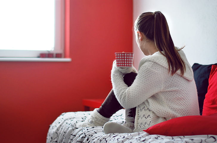 women's white crocheted hoodie, girl, red, comfort, heat, background, HD wallpaper