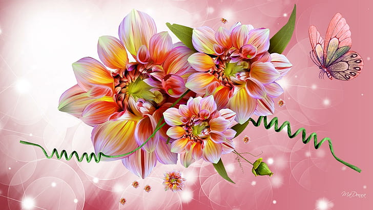 Dahlias Bright, papillon, fall, butterfly, fleurs, sparkle, flowers