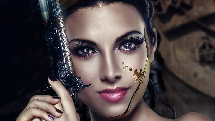 females-girls-sexy-weapons-guns-pistol-face, women, HD wallpaper