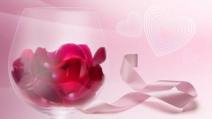 Rose In A Glass, firefox persona, ribbon, pink, flowers, valentines day, HD wallpaper