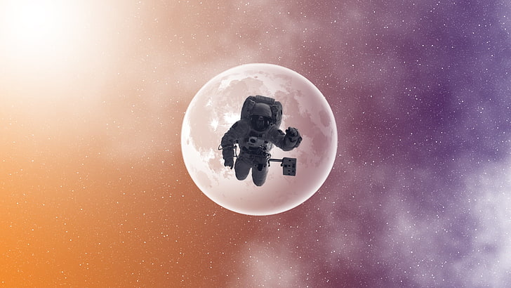 astronaut and moon illustration, space, stars, NASA, digital art