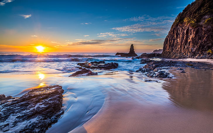 Jones Beach, Kiama Downs, New South Wales, Australia, sea, sunrise, brown rock formation, HD wallpaper