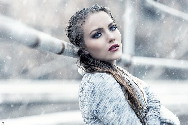 girl, wet, photo, photographer, blue eyes, snow, model, bokeh, HD wallpaper