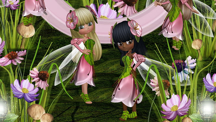 Fairy Garden, firefox persona, girls, pixies, flowers, spring, HD wallpaper