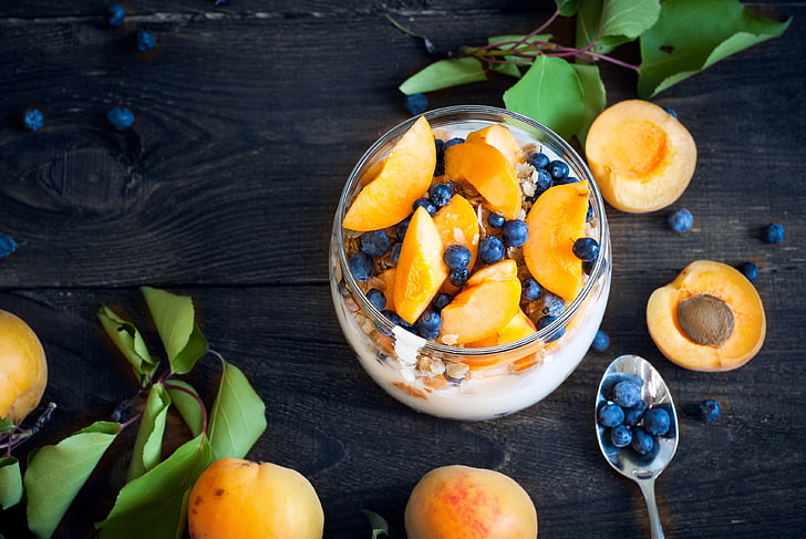 food, fruit, berries, blueberries, apricots, wooden surface, HD wallpaper