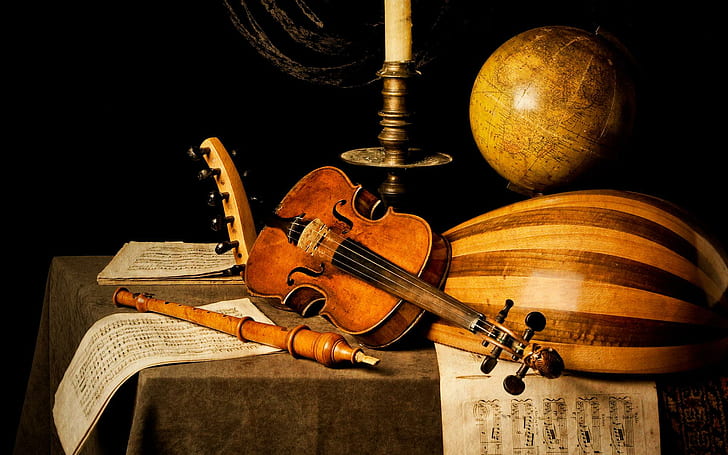 Vintage musical instruments, brown violin, brown baglama, desk globe and candle stick, HD wallpaper
