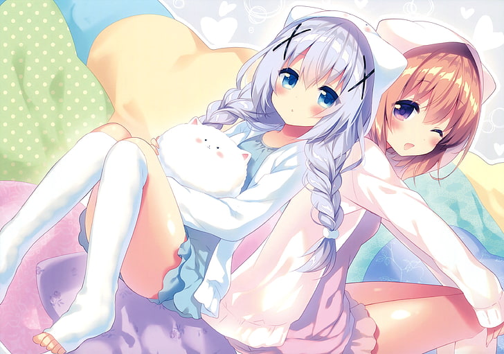 two girl anime characters wallpaper, anime girls, Gochuumon wa Usagi Desu ka?
