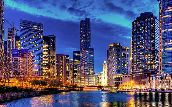 urban, city, skyscraper, cityscape, Chicago, water, lights, HD wallpaper
