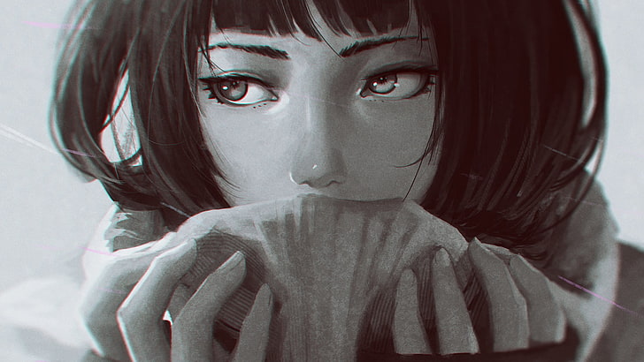 black-haired female anime character wallpaper, monochrome, sad