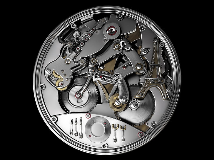 round silver-colored mechanical watch, mechanism, device, metal, HD wallpaper