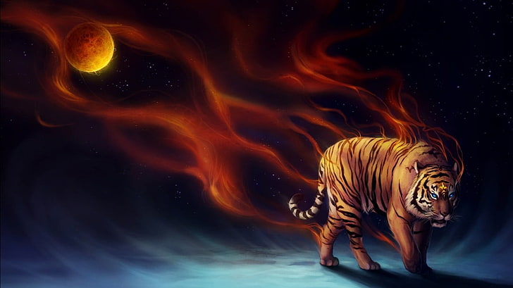 tiger with red aura digital wallpaper, fire, animal, animal themes