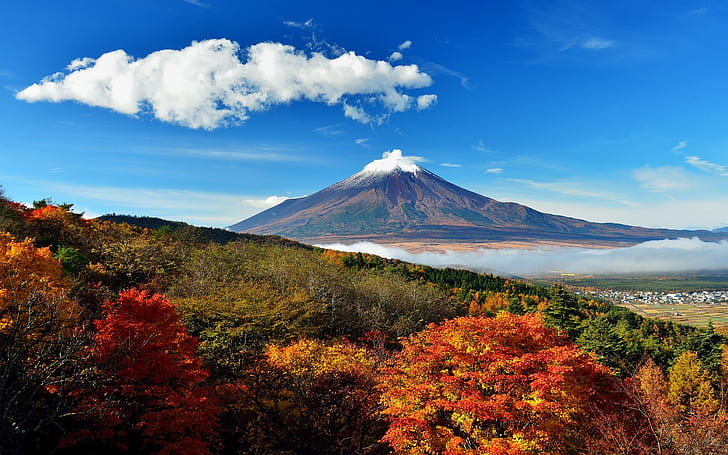 Mount Fuji Japan, landscape photo of volcanic mountain, sky, clouds