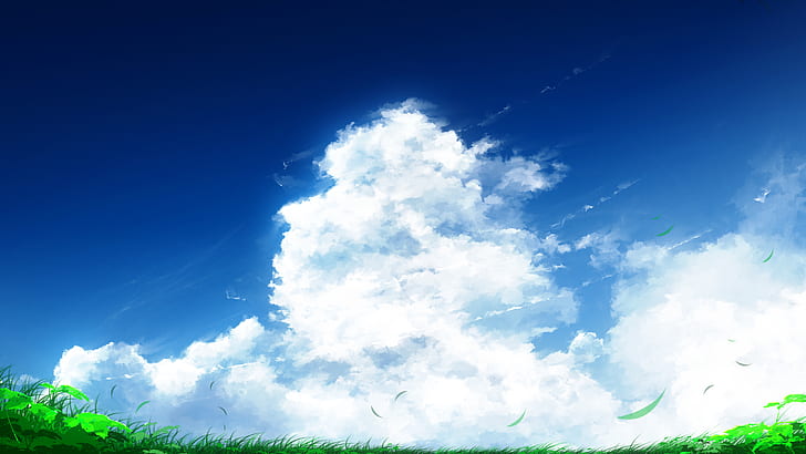 clouds, sky, grass, artwork, painting, anime, plants, white