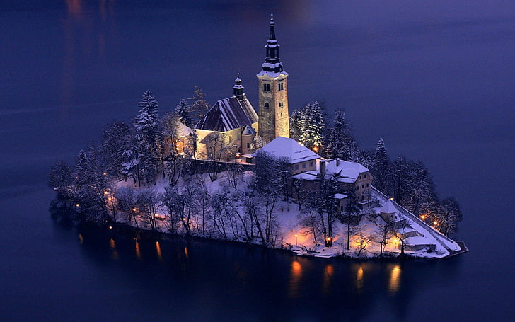 white and gray painted castle, island, church, Slovenia, water, HD wallpaper