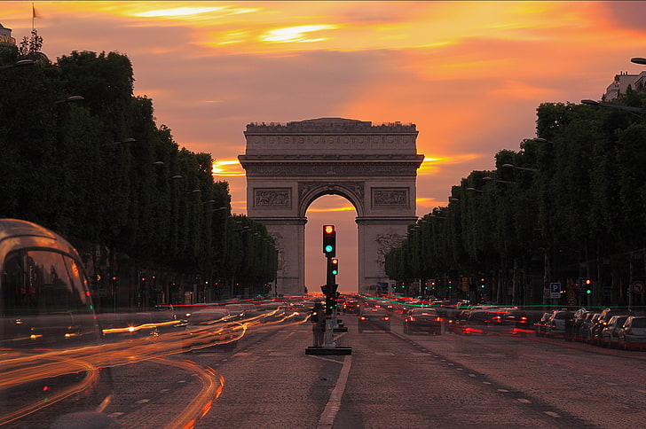 gray concrete arc, lights, Paris, the evening, twilight, Champs Elysees