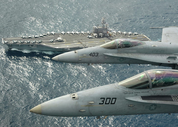Carrier Fly By, two f22 raptor above aircraft carrier, us navy jets
