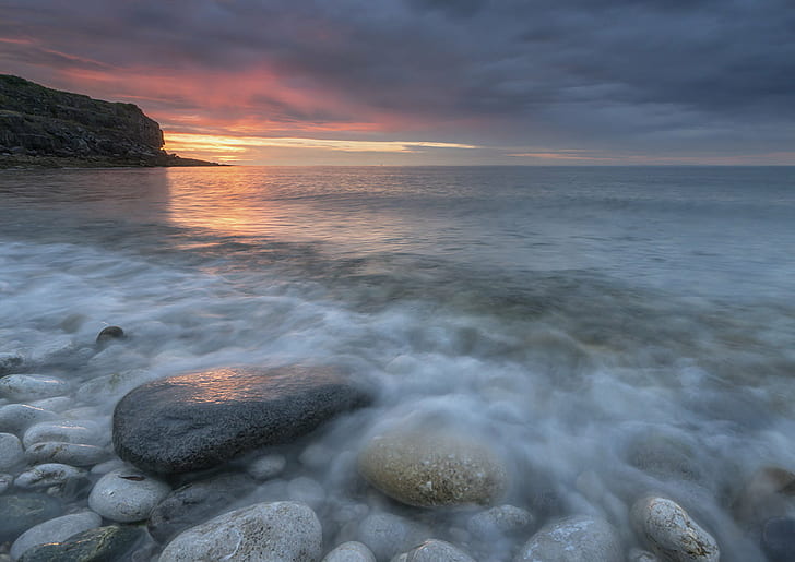 Sea shore photo, black rock, black rock, White, Beach, Anglesey