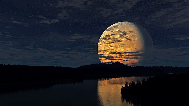 river painting, night, sky, moon, trees, reflection, astronomy, HD wallpaper