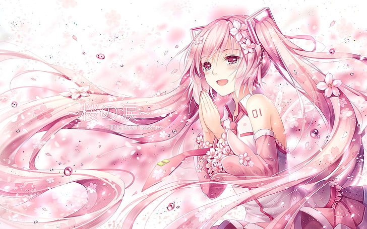 Vocaloid, Hatsune Miku, Sakura Miku, long hair, twintails, flower in hair, HD wallpaper
